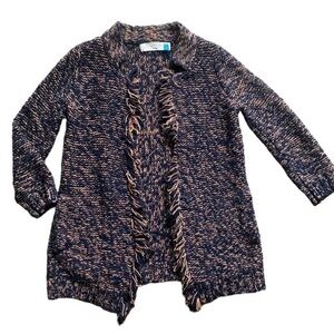 Anthropologie Sparrow Fringe Linen Wool Blend Blue Gold Open Cardigan